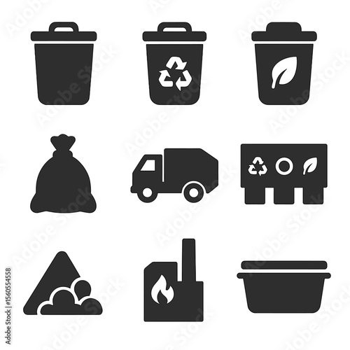 Waste Management Icons. Solid, filled icon set of cleaning waste management: trash bin, recycling bin, compost bin, garbage bag,