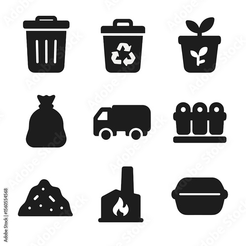 Waste Management Icons. Solid, filled icon set of cleaning waste management: trash bin, recycling bin, compost bin, garbage bag,