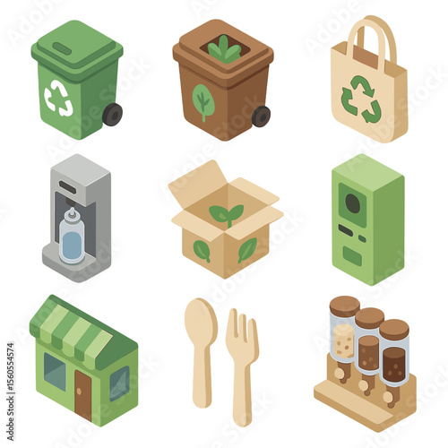 Waste Reduction Icons. Isometric Flat icon set of waste reduction strategies: recycling bin, compost bin, upcycled tote bag,