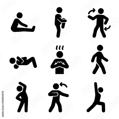 Warm-Up Icon Set. Solid, filled icon set of warm-up and cooldown: light stretching, knee hugs, torso twist, foam roll back, deep