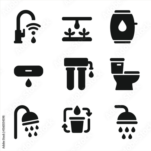 Water Conservation Icons. Solid, filled icon set of water conservation tech: smart faucet, drip irrigation, rain barrel, water