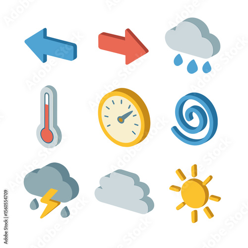 Weather Migration Icons. Isometric Flat icon set of weather factors affecting migration: headwind arrow, tailwind arrow, rain