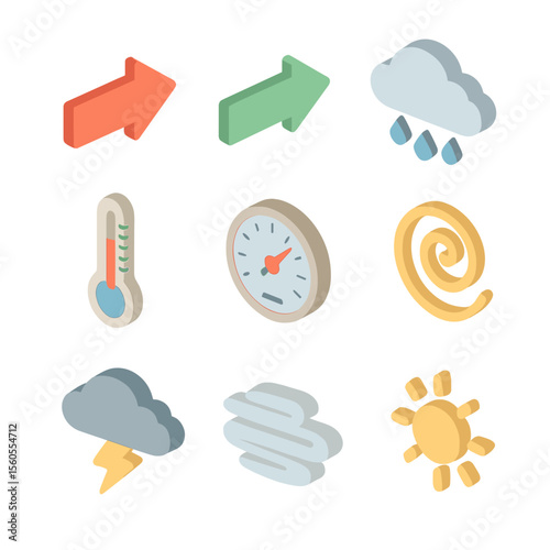 Weather Migration Icons. Isometric Flat icon set of weather factors affecting migration: headwind arrow, tailwind arrow, rain