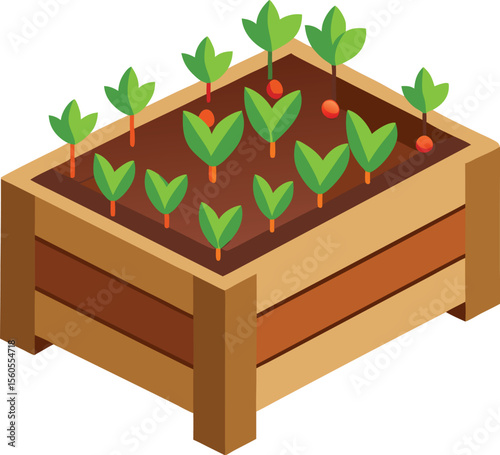 Blank wooden signpost with an arrow pointing towards a green plant in a wooden box on the grass