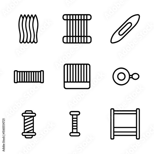 Weaving Tools Icons. Outline icon set of weaving process components: warp yarn, weft yarn, heddle, shuttle, warp beam, reed,