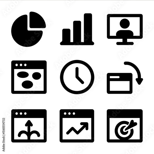 Website Analytics Icons. Solid, filled icon set of website analytics: pie chart, bar graph, user demographics, heatmap, session