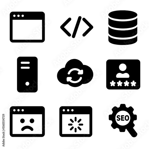 Web Icons Grid. Solid, filled icon set of how websites function: browser window, coding brackets, database icon, server tower,