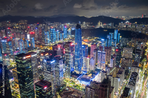 drone aerial view of the shenzhen city at night