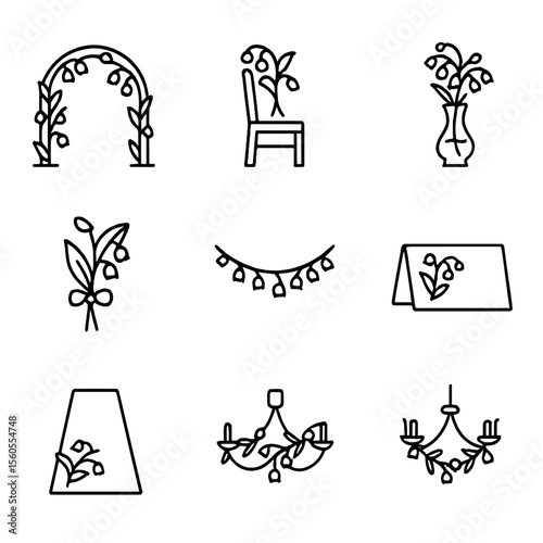 Wedding Decor Icons. Outline icon set of Wedding Decor Featuring Lily of the Valley: floral arch, pew decoration, centerpiece vase