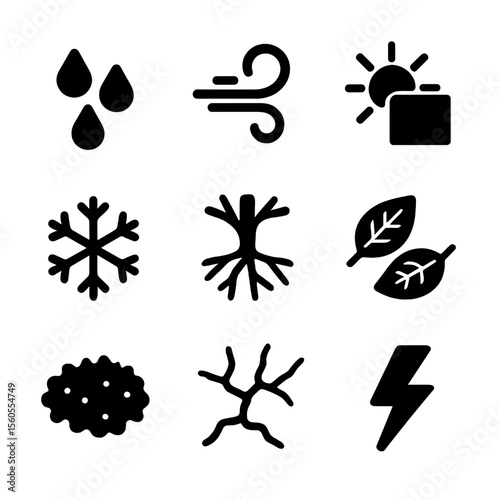 Weathering Icons Grid. Solid, filled icon set of weathering and natural effects: rain drops, wind swirl, sun fading, snowflake,