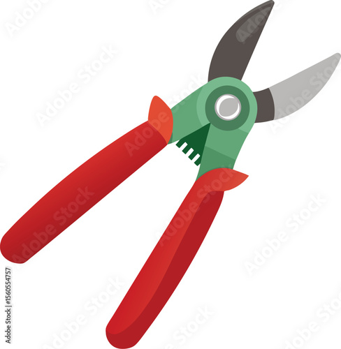 Red steel garden scissors with plastic handle, an isolated cutting tool