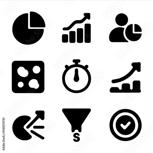 Website Analytics Icons. Solid, filled icon set of website analytics: pie chart, bar graph, user demographics, heatmap, session