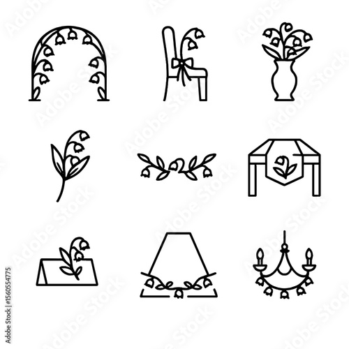 Wedding Decor Icons. Outline icon set of Wedding Decor Featuring Lily of the Valley: floral arch, pew decoration, centerpiece vase