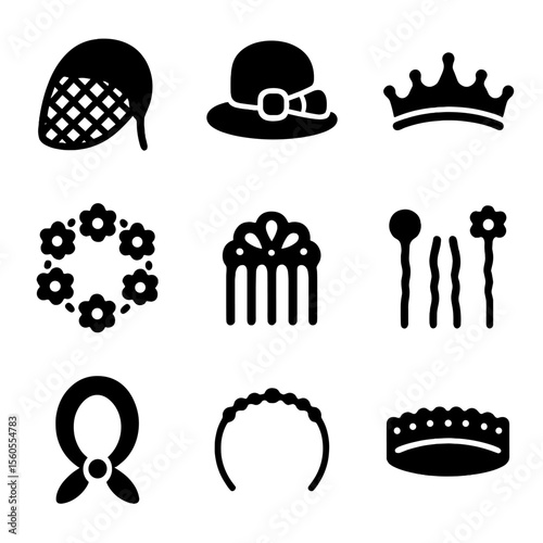 Wedding Headwear Icons. Solid, filled icon set of wedding headwear: birdcage veil, bridal hat, groom’s top hat, hair tiara, floral