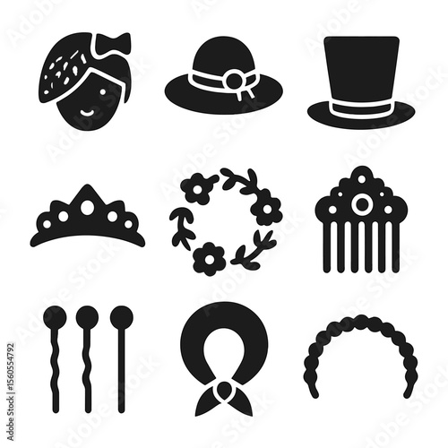 Wedding Headwear Icons. Solid, filled icon set of wedding headwear: birdcage veil, bridal hat, groom’s top hat, hair tiara, floral