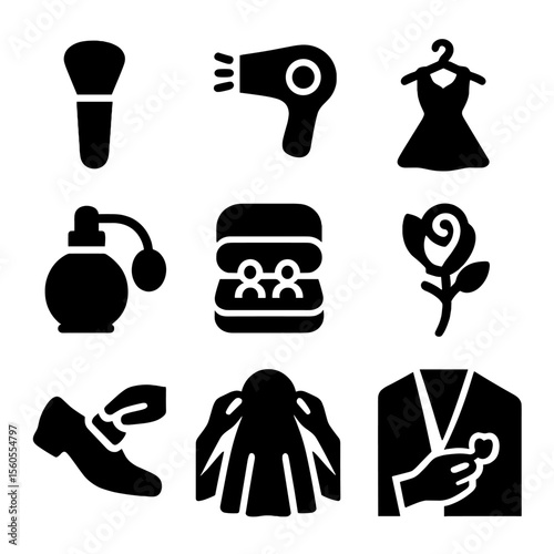 Wedding Prep Icons. Solid, filled icon set of wedding day preparations: makeup brush, hairdryer, dress hanger, perfume bottle,