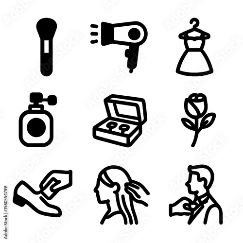 Wedding Prep Icons. Solid, filled icon set of wedding day preparations: makeup brush, hairdryer, dress hanger, perfume bottle,