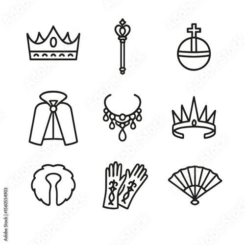 Wicked Queen Icons. Outline icon set of Wicked Queen Accessories: crown, scepter, orb, velvet cloak, jeweled necklace, spiked