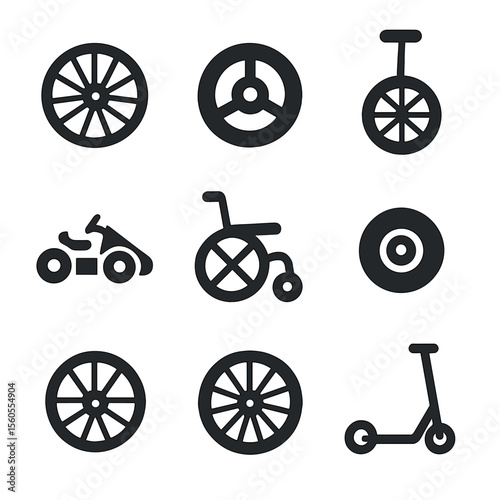 Wheel Sport Icons. Solid, filled icon set of wheel-related sports: bicycle wheel, racing wheel, unicycle wheel, go-kart wheel,