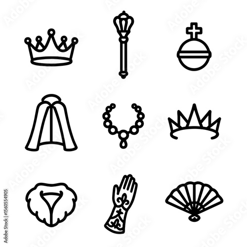 Wicked Queen Icons. Outline icon set of Wicked Queen Accessories: crown, scepter, orb, velvet cloak, jeweled necklace, spiked