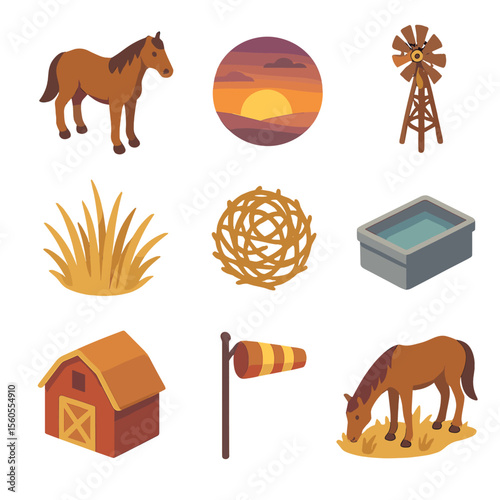 Wild Horses Icon Set. Isometric Flat icon set of wild horses feeding on prairie at sunset: wild horse, prairie grass, dusk sky,