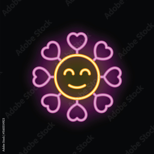 Neon sign of a smiling face surrounded by hearts, representing the concept of love and positivity