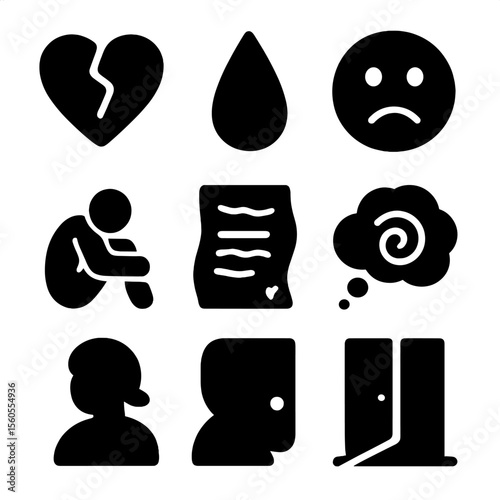 Emotional Hurt Icons. Solid, filled icon set of emotional hurt: broken heart, tear drop, sad face, shattered glass, lonely figure,