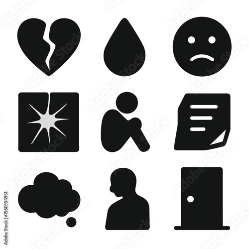 Emotional Hurt Icons. Solid, filled icon set of emotional hurt: broken heart, tear drop, sad face, shattered glass, lonely figure,