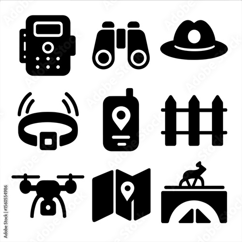 Wildlife Protection Icons. Solid, filled icon set of wildlife protection tools: camera trap, binoculars, ranger hat, radio collar,