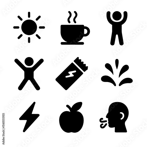 Energy Boost Icons. Solid, filled icon set of energy boosters: sun rays, cup of coffee, stretching arms, jumping figure, protein