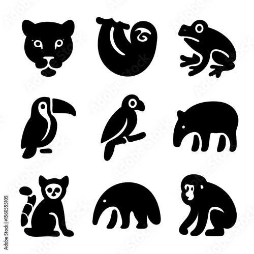 Endangered Rainforest Icons. Solid, filled icon set of endangered rainforest species: jaguar, sloth, tree frog, toucan, macaw,