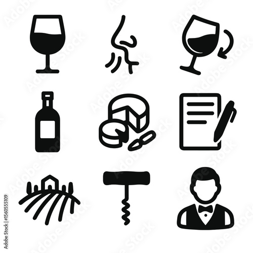 Wine Tasting Icons. Solid, filled icon set of wine tasting elements: tasting glass, wine aroma, swirl motion, wine bottle label,