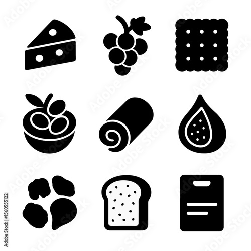 Wine Tasting Icons. Solid, filled icon set of snacks for wine tasting: cheese slice, grape bunch, cracker, olive bowl, prosciutto