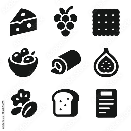 Wine Tasting Icons. Solid, filled icon set of snacks for wine tasting: cheese slice, grape bunch, cracker, olive bowl, prosciutto