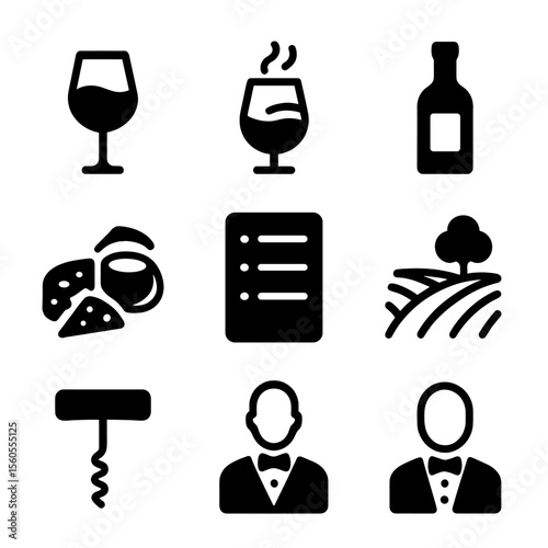 Wine Tasting Icons. Solid, filled icon set of wine tasting elements: tasting glass, wine aroma, swirl motion, wine bottle label,