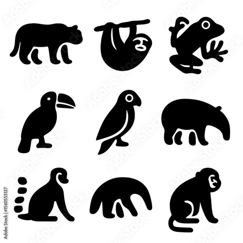 Endangered Rainforest Icons. Solid, filled icon set of endangered rainforest species: jaguar, sloth, tree frog, toucan, macaw,