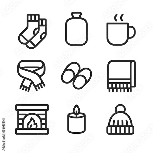 Winter Comfort Icons. Outline icon set of winter comfort items: wool socks, hot water bottle, tea mug, scarf, slippers, blanket,