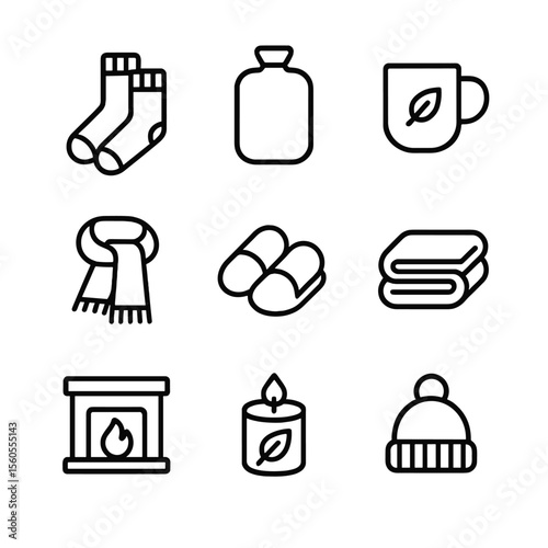 Winter Comfort Icons. Outline icon set of winter comfort items: wool socks, hot water bottle, tea mug, scarf, slippers, blanket,