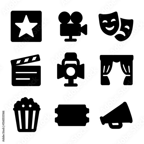 Entertainment Icons Collection. Solid, filled icon set of entertainment industry symbols: star on walk of fame, film camera,