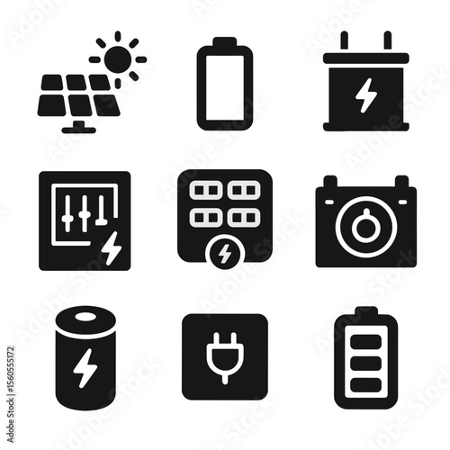 Energy System Icons. Solid, filled icon set of power and energy systems: solar panel wing, battery module, energy converter, power