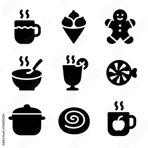 Winter Food Icons. Solid, filled icon set of winter food and drinks: hot chocolate, roasted chestnuts, gingerbread cookie, warm