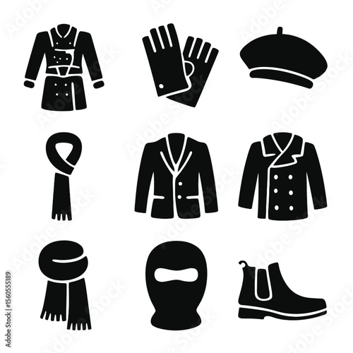Winter Fashion Icons. Solid, filled icon set of winter fashion for urban style: trench coat, leather gloves, knit beret, slim