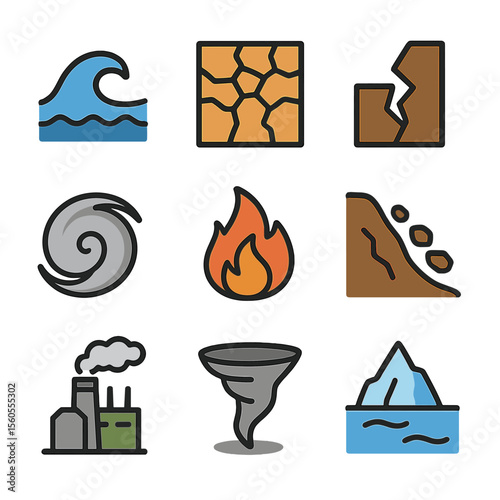 Environmental Risk Icons. Flat icon set of environmental risk factors: flood wave, drought cracked earth, earthquake fault line,