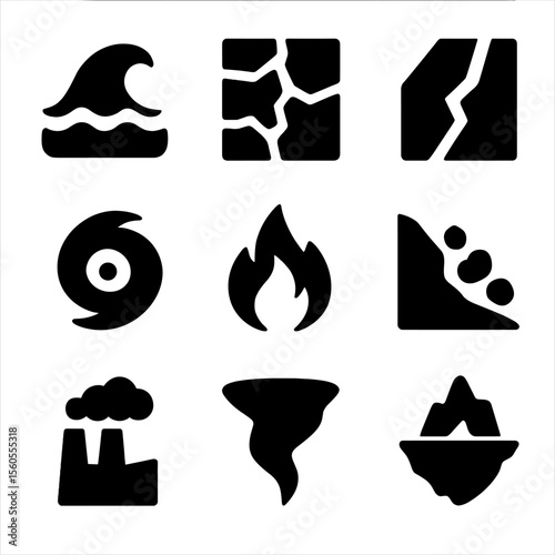 Environmental Risk Icons. Solid, Filled icon set of environmental risk factors: flood wave, drought cracked earth, earthquake