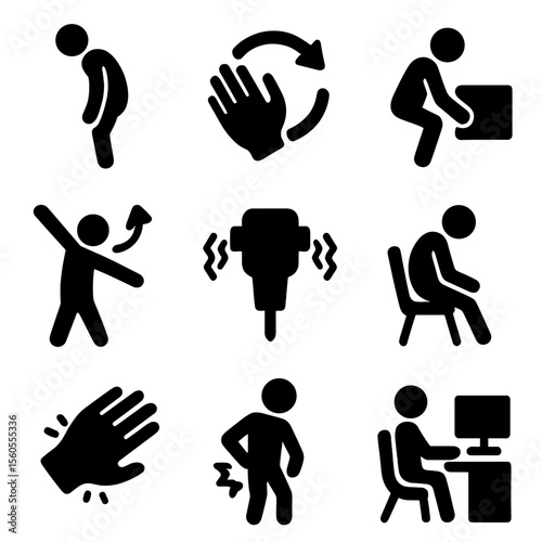 Ergonomic Hazard Icons. Solid, Filled icon set of ergonomic hazard evaluation: poor posture silhouette, repetitive motion arrow,
