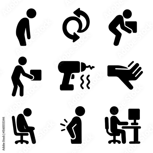 Ergonomic Hazard Icons. Flat icon set of ergonomic hazard evaluation: poor posture silhouette, repetitive motion arrow, heavy