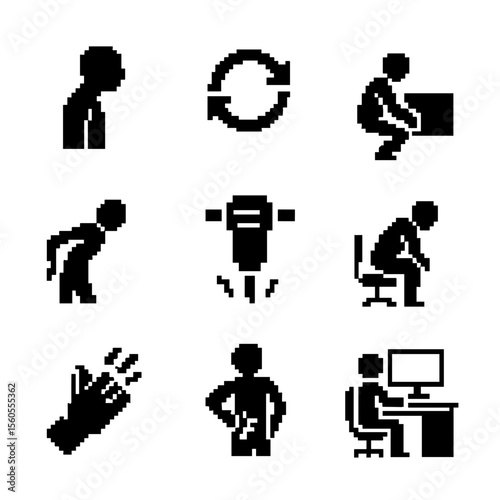 Ergonomic Hazard Icons. Pixel art icon set of ergonomic hazard evaluation: poor posture silhouette, repetitive motion arrow, heavy