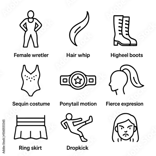 Women's Wrestling Icons. Outline icon set of women’s wrestling highlights: female wrestler silhouette, hair whip, high heel boots,