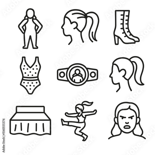 Women's Wrestling Icons. Outline icon set of women’s wrestling highlights: female wrestler silhouette, hair whip, high heel boots,