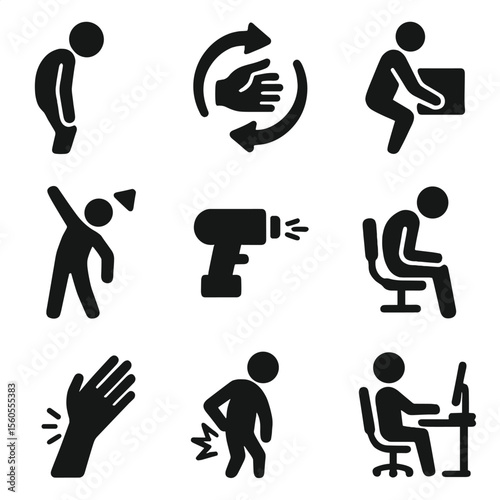 Ergonomic Hazard Icons. Solid, Filled icon set of ergonomic hazard evaluation: poor posture silhouette, repetitive motion arrow,